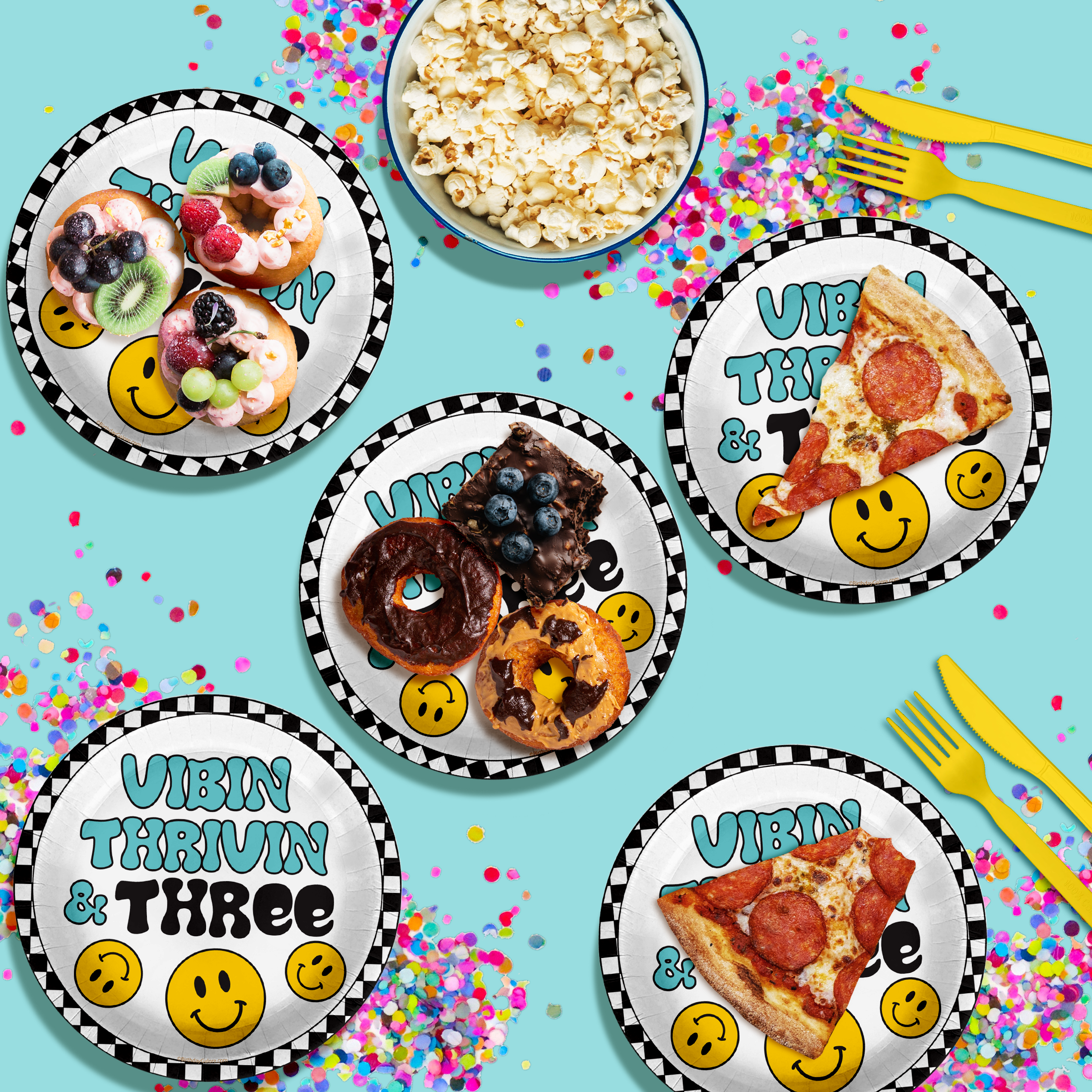 Vibin Thrivin' and Three Smiley Face 3rd Birthday Party Supplies Large 9" Paper Plates in Bulk 32 Piece