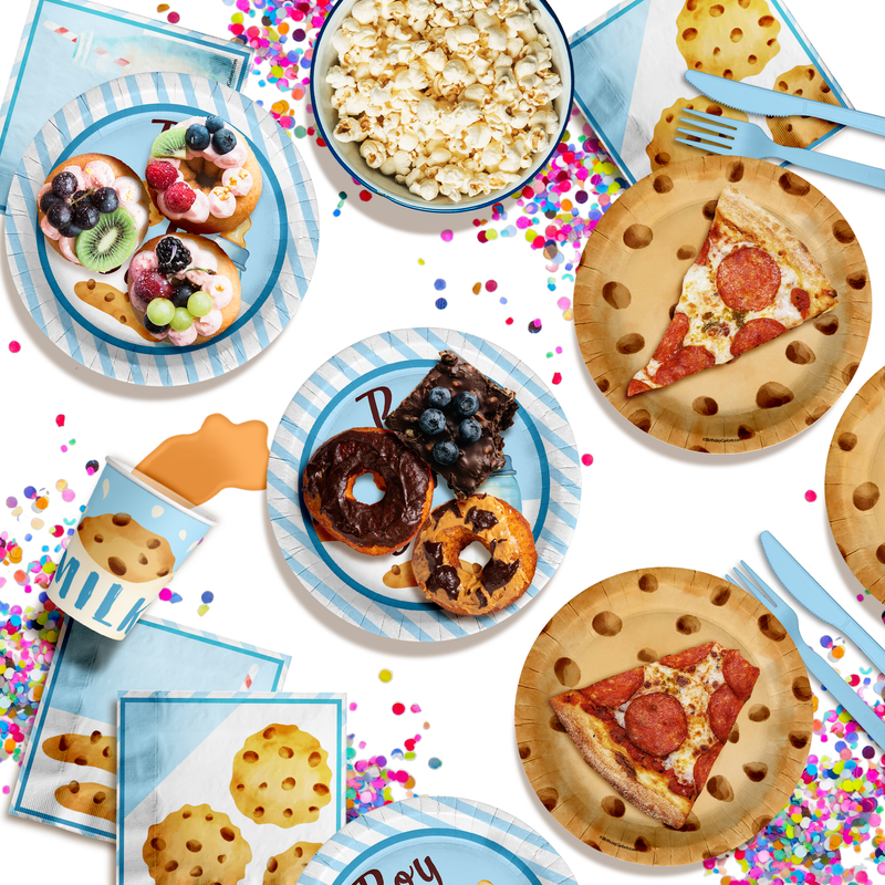 Boy oh Boy Milk and Cookies Baby Shower Party Supplies 64 Piece Tableware Set Includes Large 9" Paper Plates Dessert Plates, Cups and Napkins Kit for 16