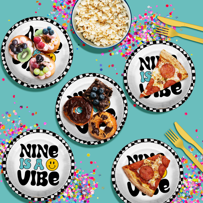 Nine is a Vibe Smiley Face 9th Birthday Party Supplies Large 9" Paper Plates in Bulk 32 Piece