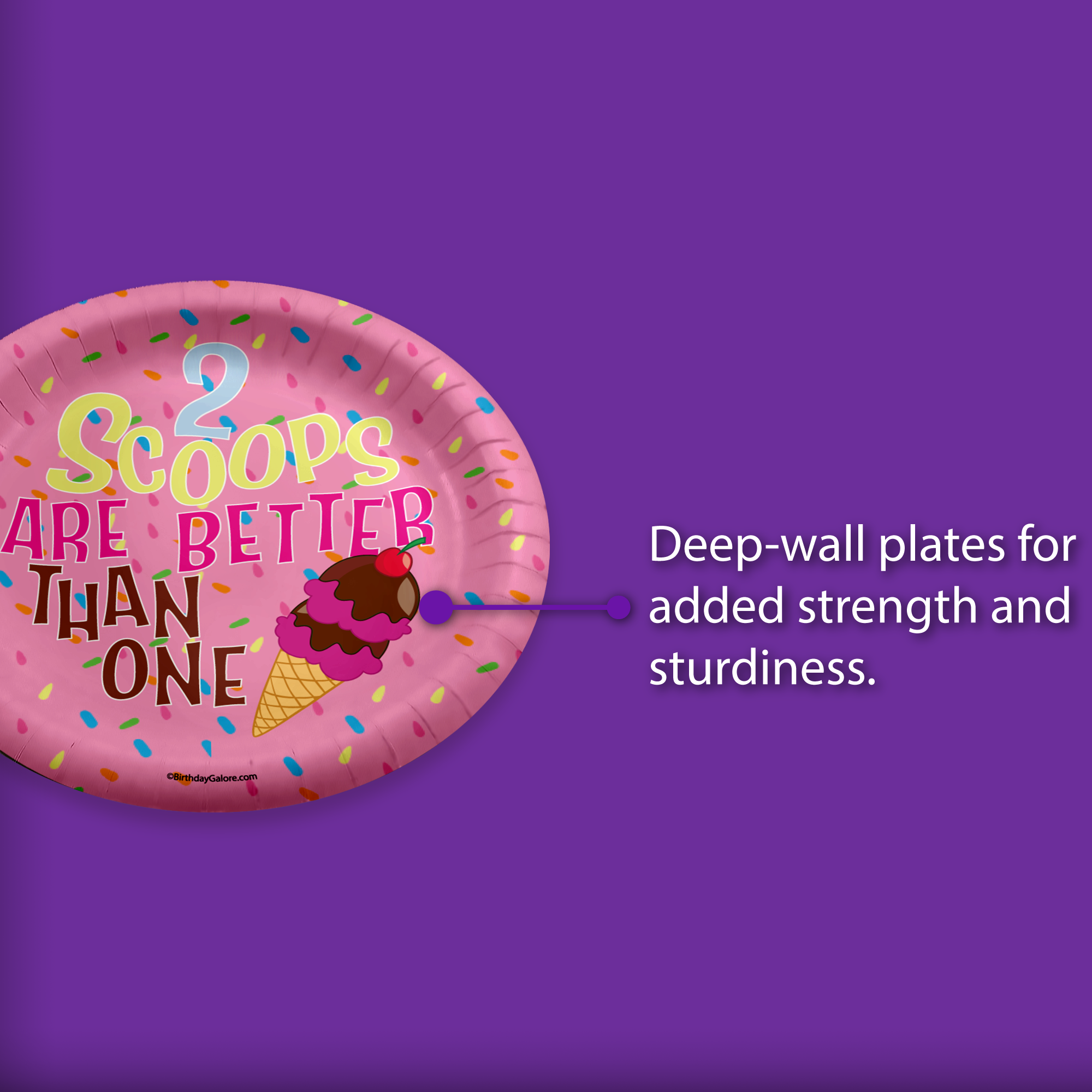 Girls 2nd Birthday Party Supplies - 2 Scoops Ice Cream Birthday Paper Plates - Large 9" Paper Plates in Bulk 32 Piece