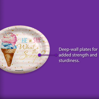 He or She Scoops Ice Cream Gender Reveal Party Supplies Large 9" Paper Plates in Bulk 32 Piece