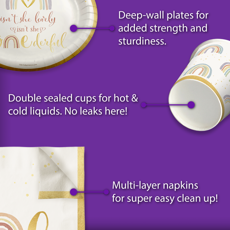 Isn't She Onederful Rainbow 1st Birthday Party Tableware Kit For 16 Guests
