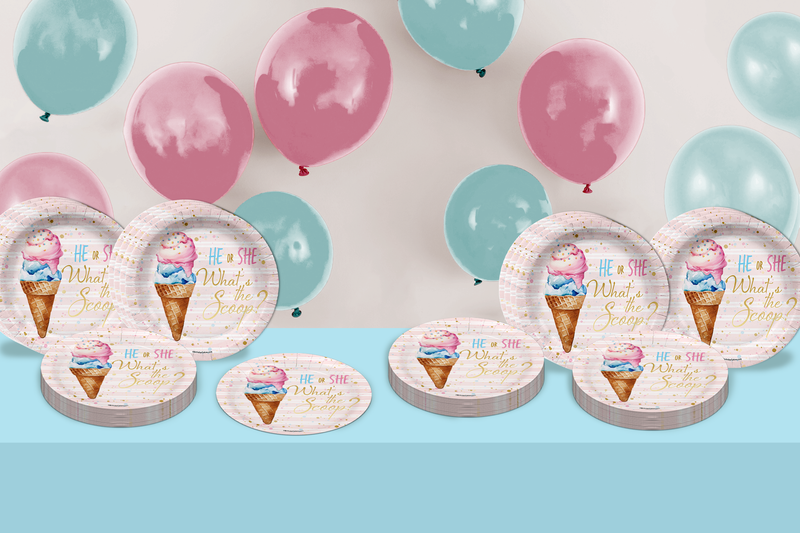 He or She Scoops Ice Cream Gender Reveal Party Supplies Large 9" Paper Plates in Bulk 32 Piece