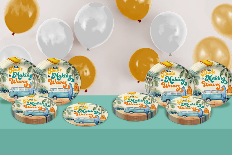 Little Dude Making Waves Baby Shower Party Supplies Large 9" Paper Plates in Bulk 32 Piece