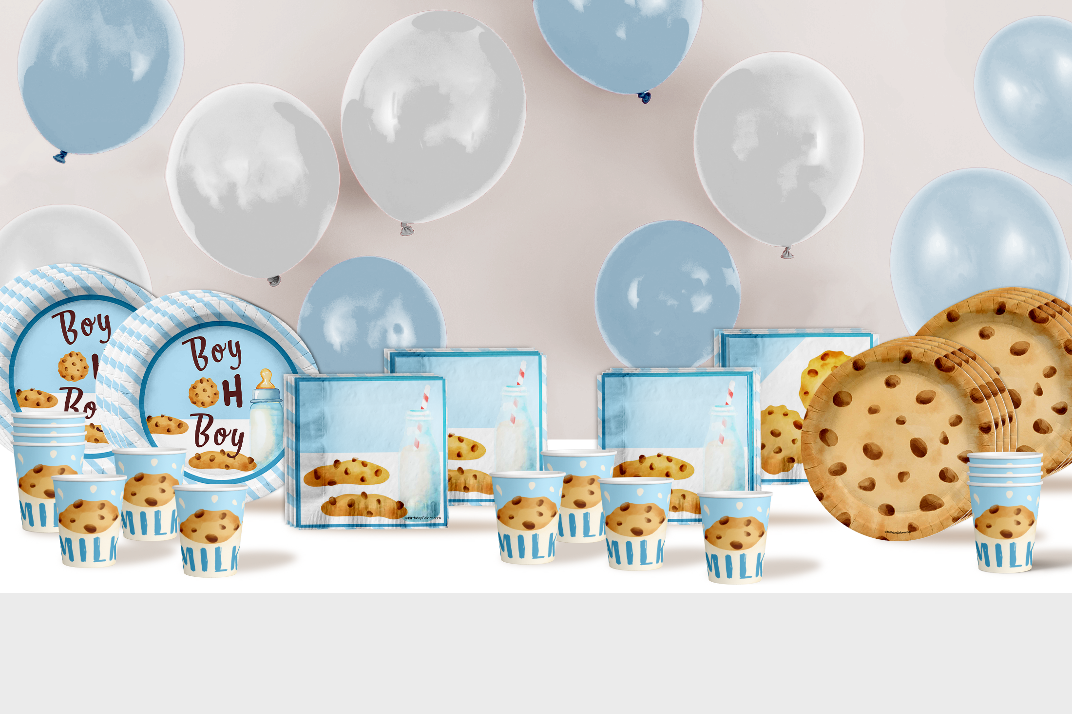 Boy oh Boy Milk and Cookies Baby Shower Party Supplies 64 Piece Tableware Set Includes Large 9" Paper Plates Dessert Plates, Cups and Napkins Kit for 16