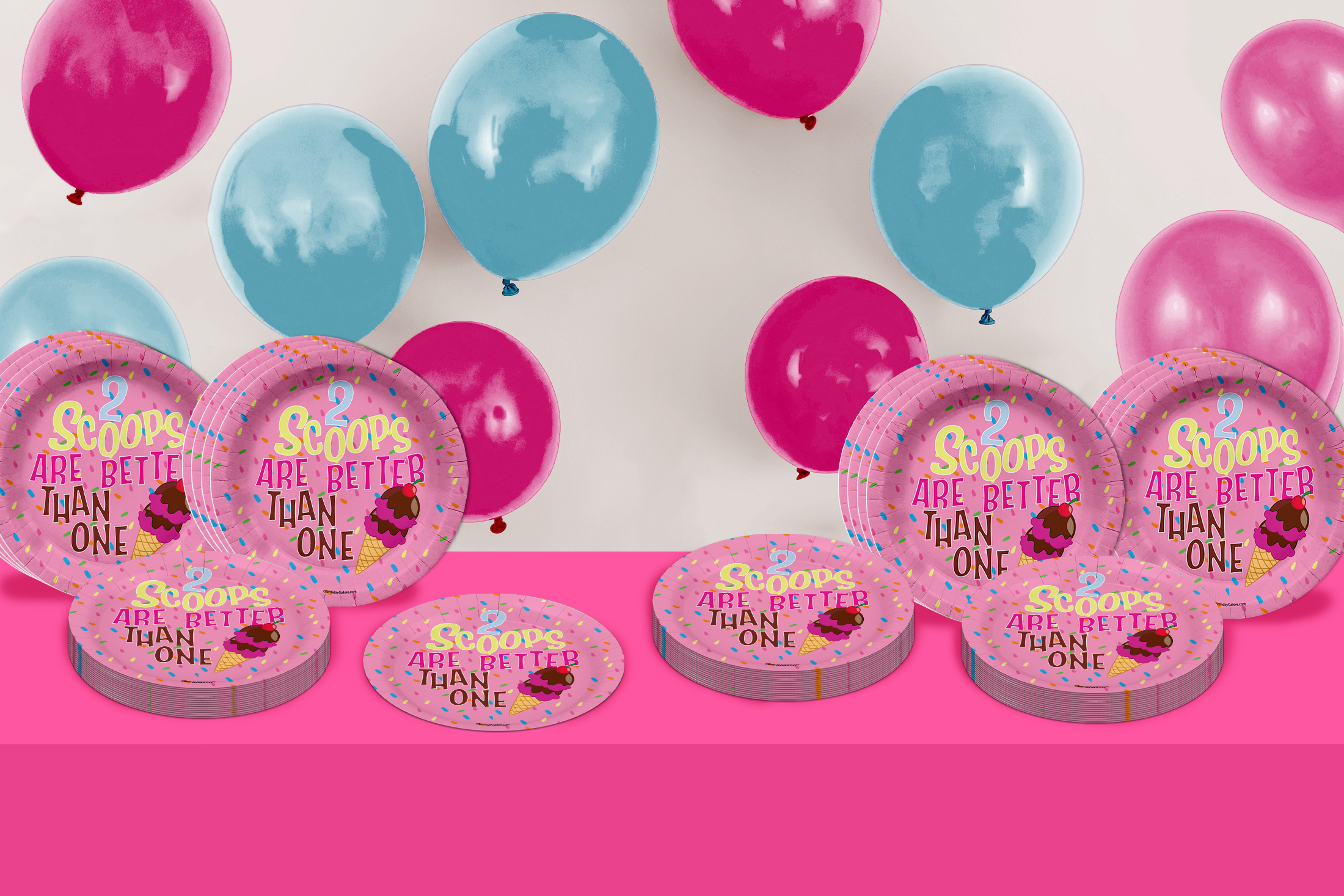 Girls 2nd Birthday Party Supplies - 2 Scoops Ice Cream Birthday Paper Plates - Large 9" Paper Plates in Bulk 32 Piece