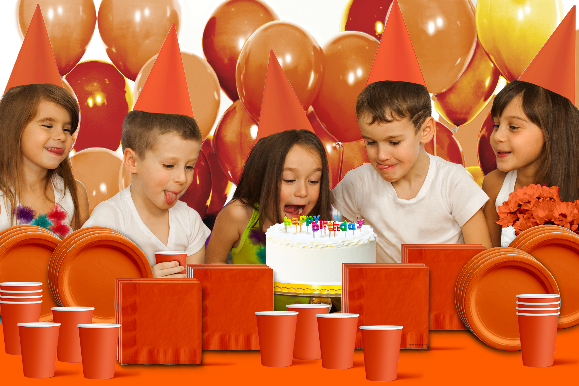 Solid Tomato Orange Birthday Party Tableware Kit For 16 Guests