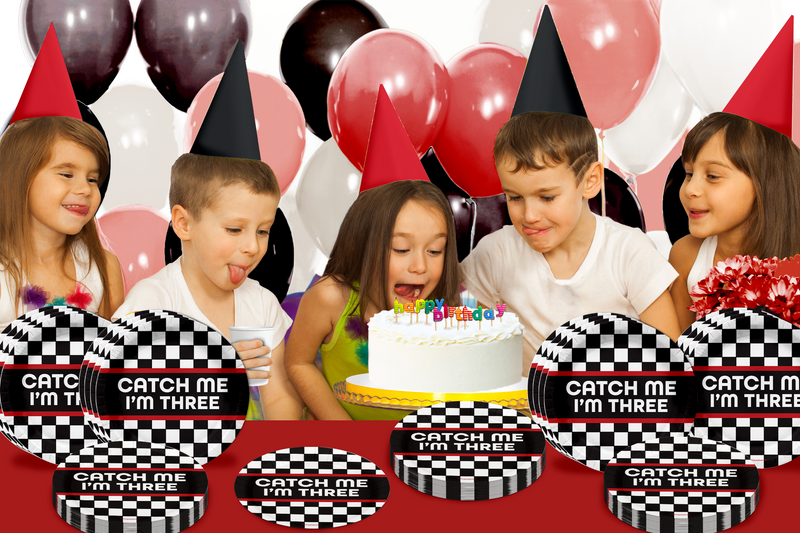 Catch Me I'm Three Racing 3rd Birthday Party Supplies Large 9" Paper Plates in Bulk 32 Piece