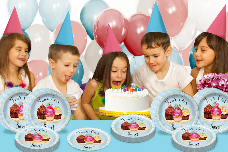 Four Ever Sweet Cupcake 4th Birthday Party Supplies Large 9" Paper Plates in Bulk 32 Piece