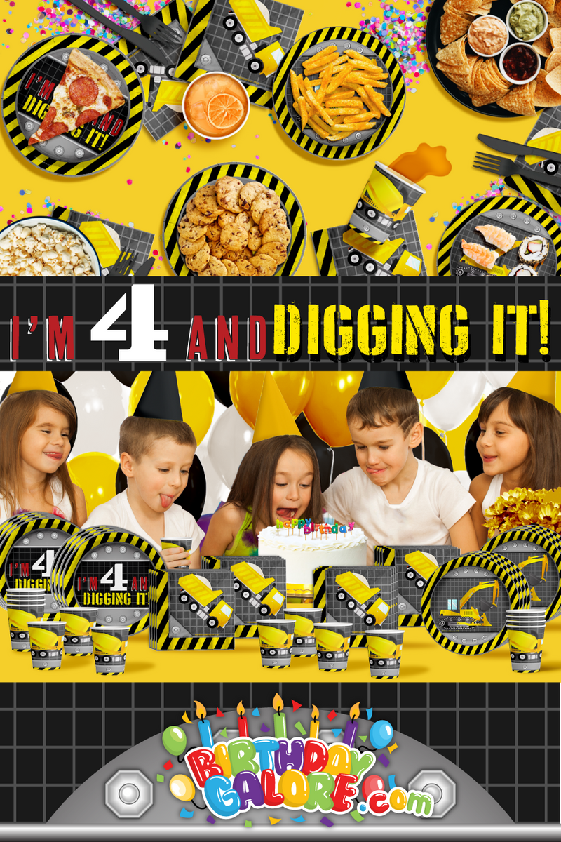 I'm Four and Digging It Construction 4th Birthday Party Tableware Kit For 16 Guests 64 Piece