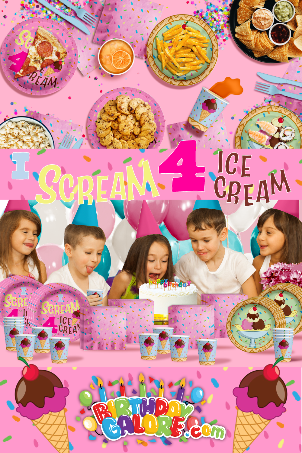 I Scream Four Ice Cream 4th Birthday Party Tableware Kit For 16 Guests 64 Piece