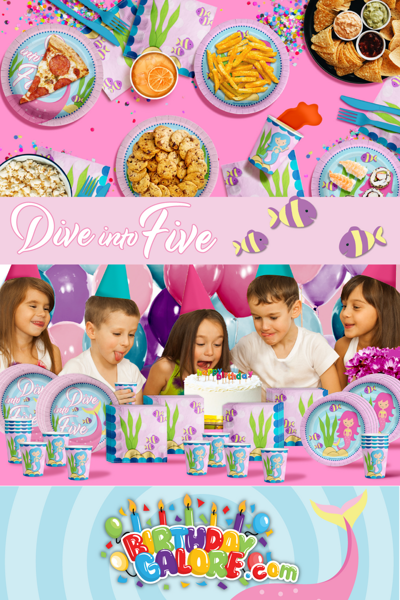 Dive into Five Mermaid 5th Birthday Party Tableware Kit For 16 Guests 64 Piece
