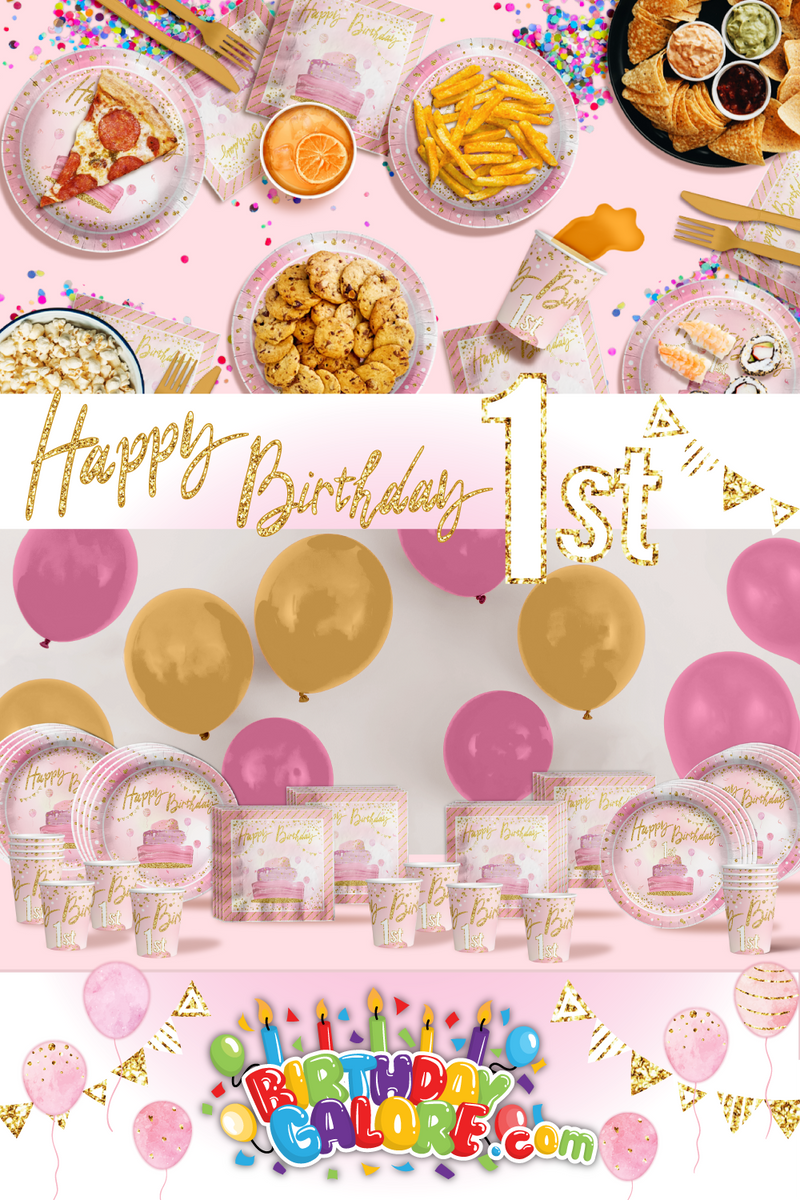 Pink and Gold 1st Birthday Party Tableware Kit For 16 Guests 64 Piece