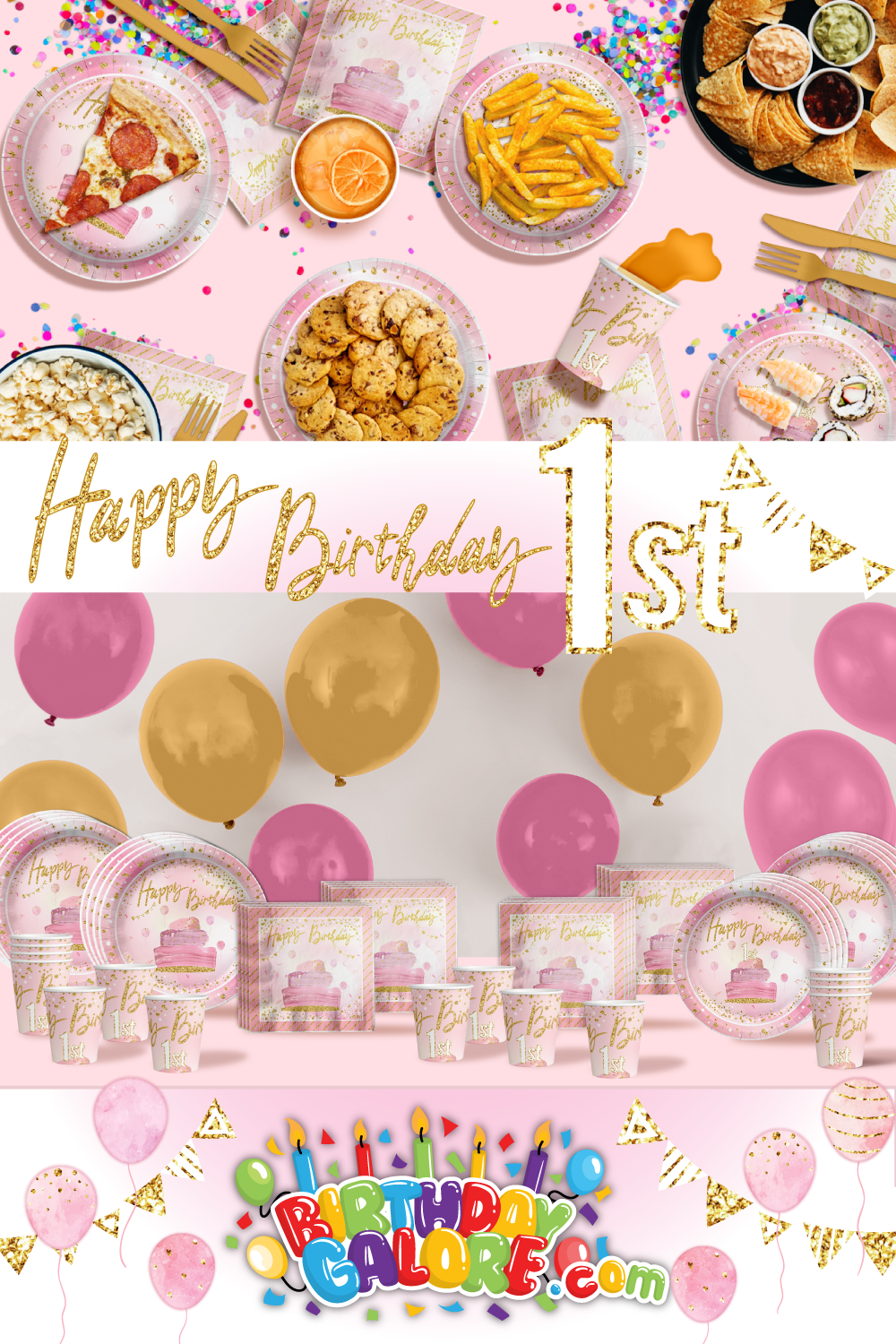 Pink and Gold 1st Birthday Party Tableware Kit For 16 Guests 64 Piece