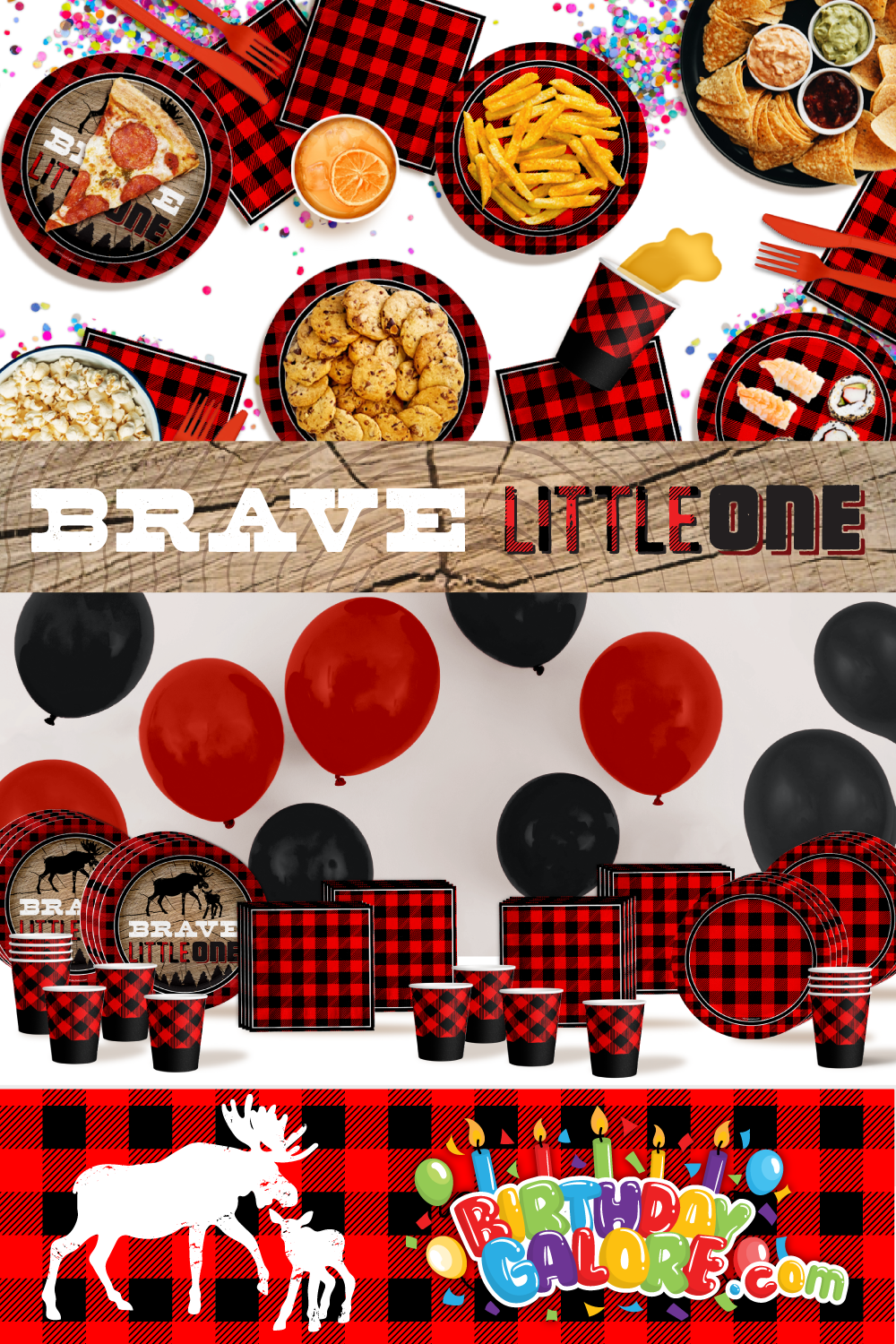 Brave Little One Buffalo Plaid 1st Birthday Party Tableware Kit For 16 Guests 64 Piece