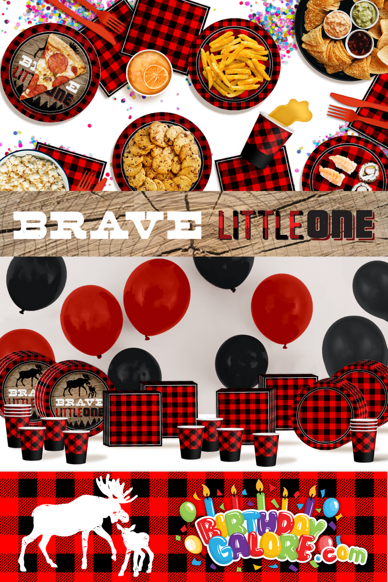 Brave Little One Buffalo Plaid 1st Birthday Party Tableware Kit For 16 Guests 64 Piece