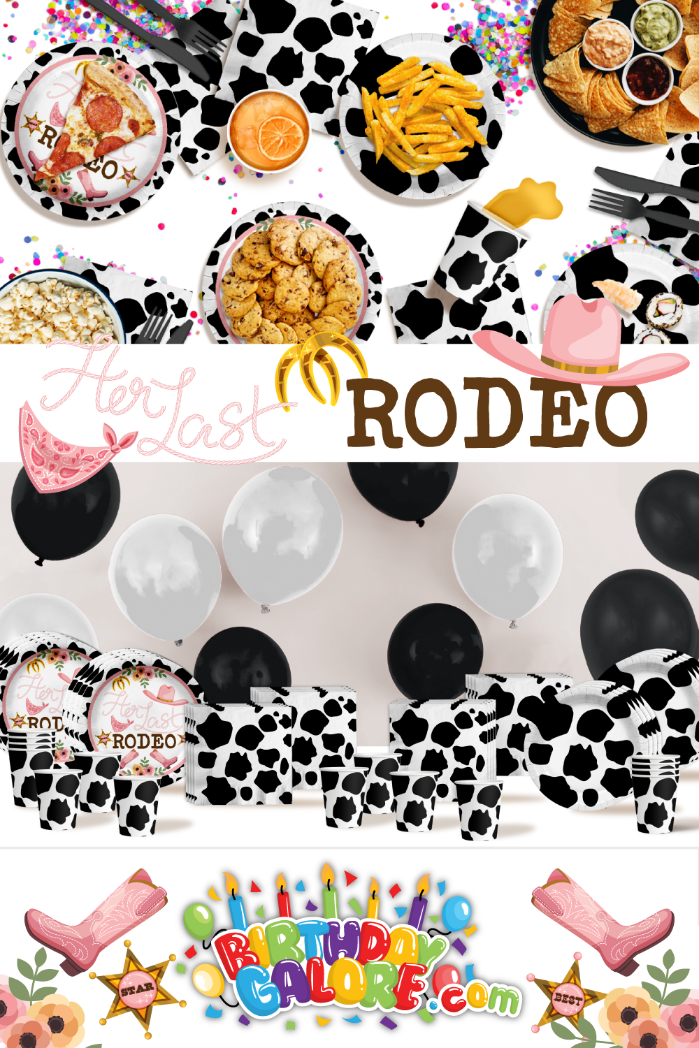 Her Last Rodeo Cow Print Party Tableware Kit For 16 Guests 64 Piece