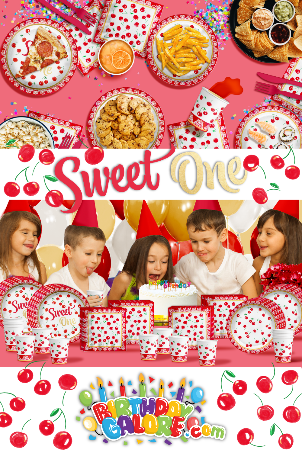 Sweet One Cherry 1st Birthday Party Tableware Kit For 16 Guests 64 Piece