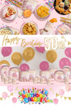 Pink and Gold 50th Birthday Party Tableware Kit For 16 Guests 64 Piece