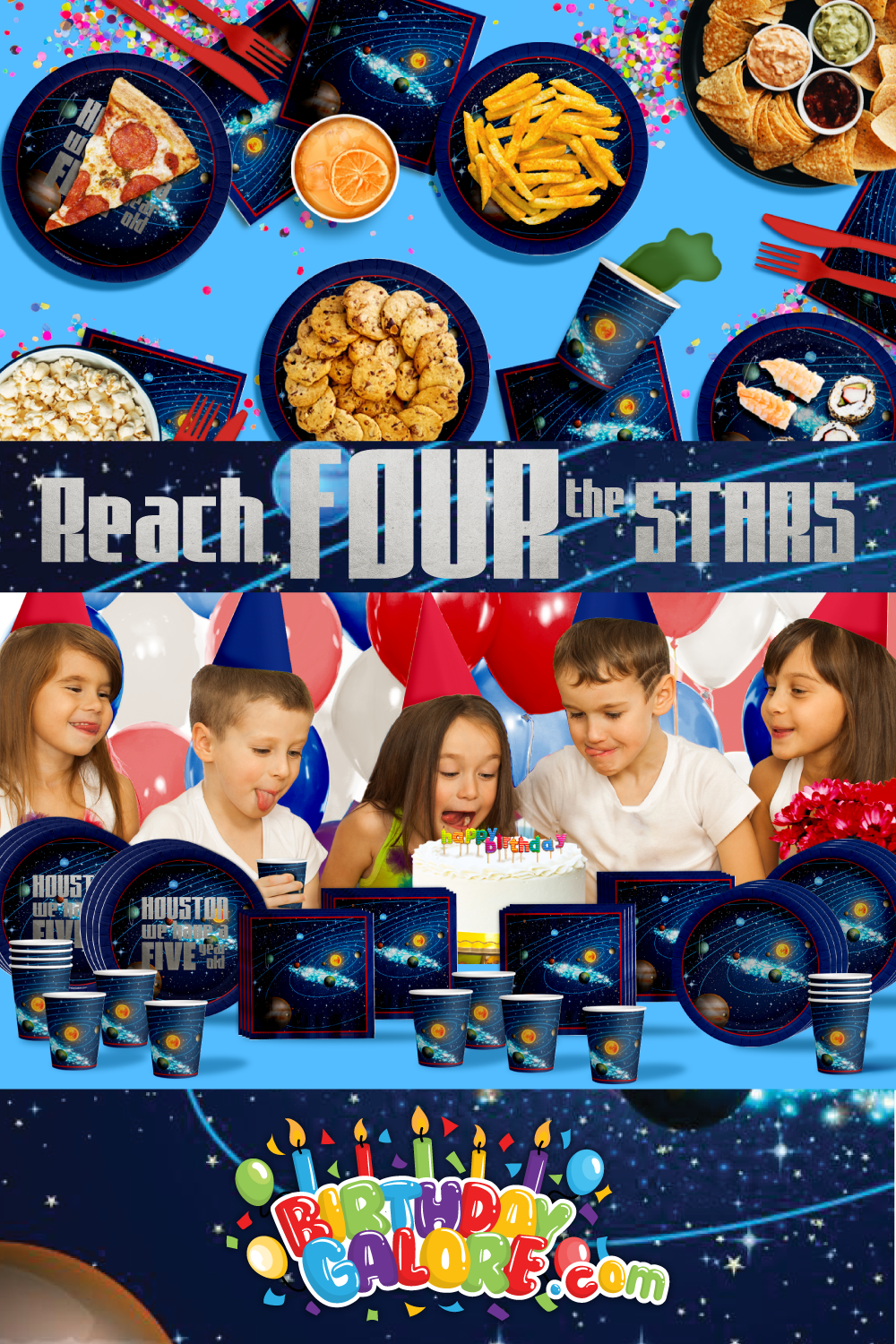 Reach Four the Stars Space 4th Birthday Party Tableware Kit For 16 Guests 64 Piece