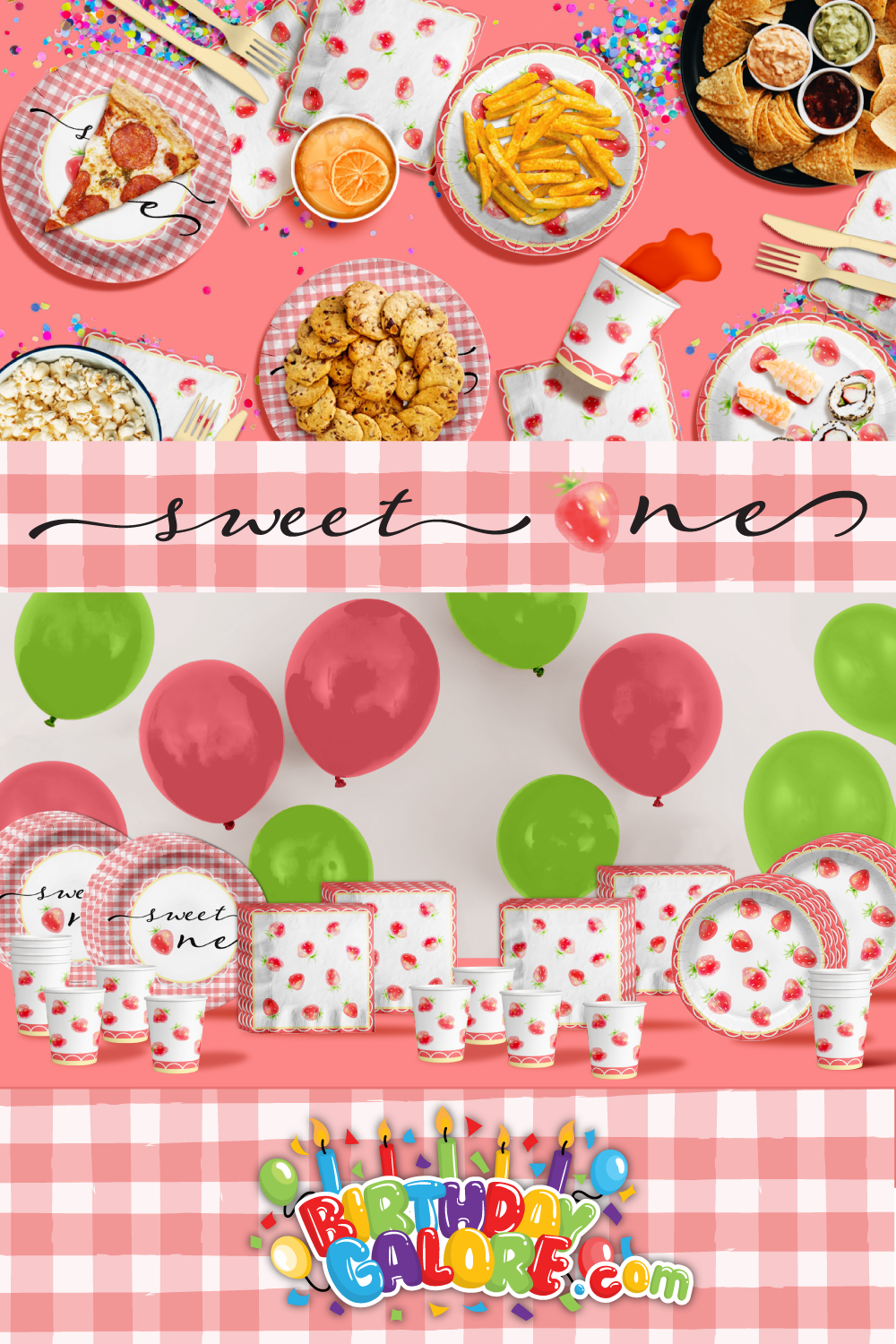 Sweet One Strawberry 1st Birthday Party Tableware Kit For 16 Guests 64 Piece