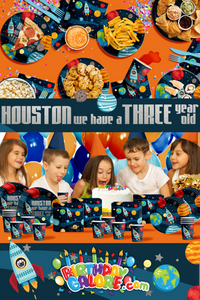 Houston We Have a Three Year Old Astronaut 3rd Birthday Party Tableware Kit For 16 Guests 64 Piece