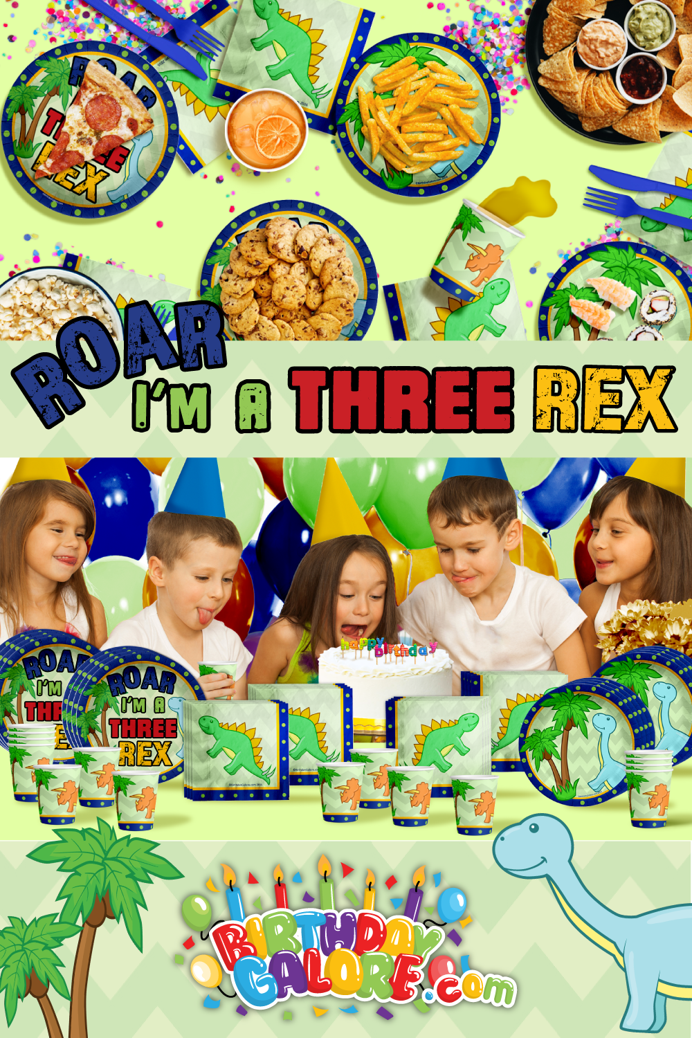 Three Rex Dinosaur Boy's 3rd Birthday Party Tableware Kit For 16 Guests 64 Piece