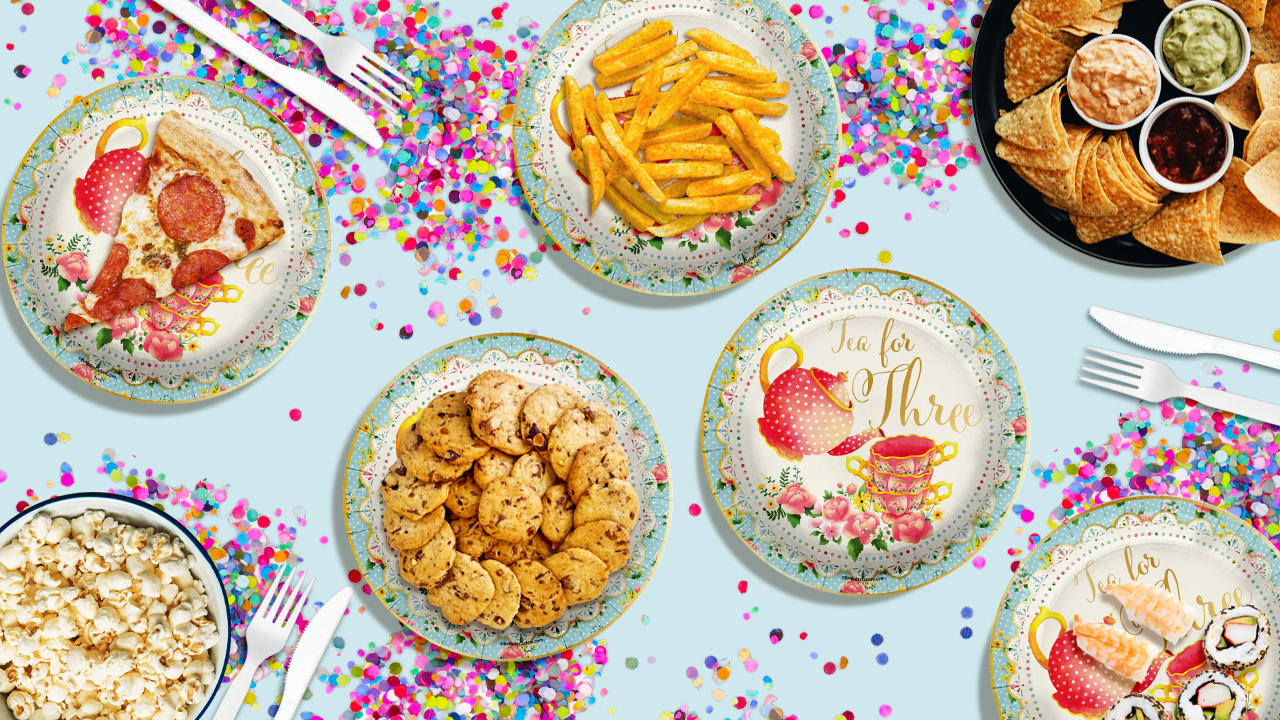 Tea For Three 3rd Birthday Party Supplies Large 9" Paper Plates in Bulk 32 Piece