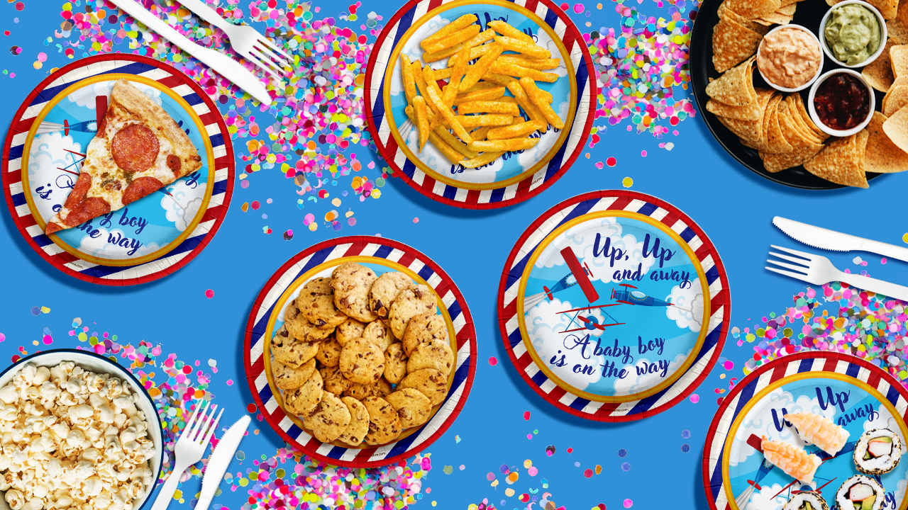 Up Up and Away Airplane Baby Shower Party Supplies Large 9" Paper Plates in Bulk 32 Piece