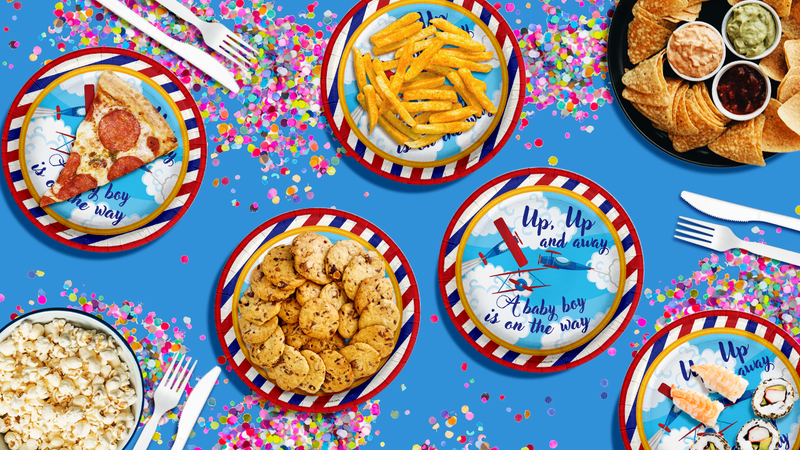 Up Up and Away Airplane Baby Shower Party Supplies Large 9" Paper Plates in Bulk 32 Piece
