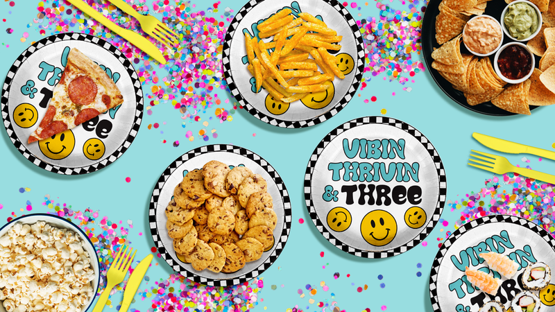 Vibin Thrivin' and Three Smiley Face 3rd Birthday Party Supplies Large 9" Paper Plates in Bulk 32 Piece