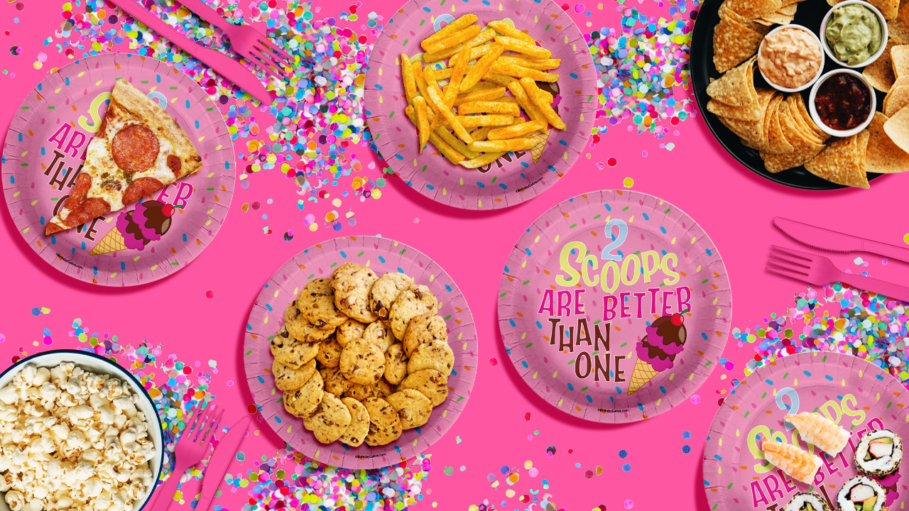 Girls 2nd Birthday Party Supplies - 2 Scoops Ice Cream Birthday Paper Plates - Large 9" Paper Plates in Bulk 32 Piece
