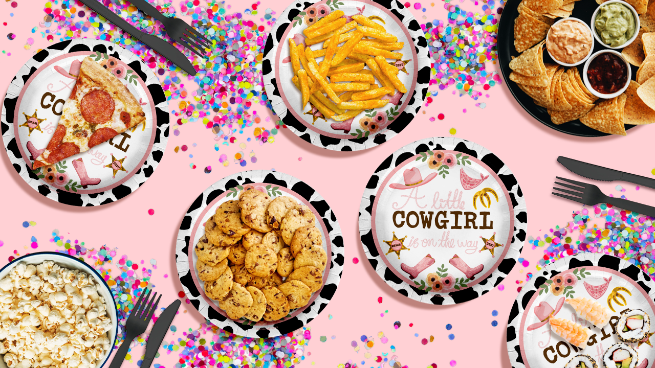 Little Cowgirl is on the Way Baby Shower Cow Print Rodeo Birthday Party Supplies 9" Large Dinner Plates 32 Piece