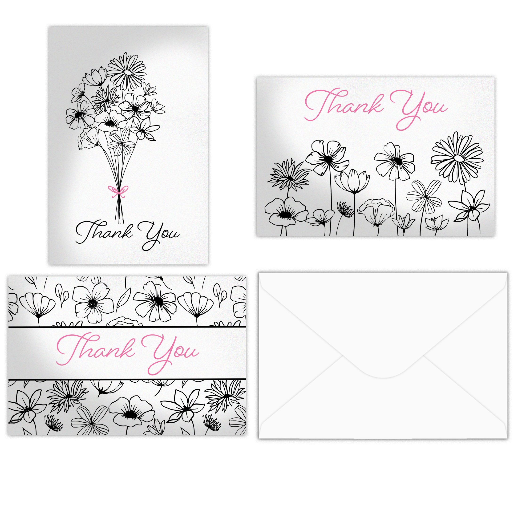 Black and White Floral Thank You Cards with Envelopes