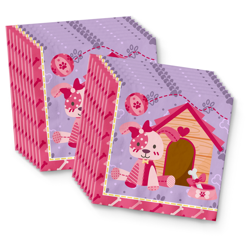 Pink Girl Puppy Dog Birthday Party Tableware Kit For 16 Guests - BirthdayGalore.com