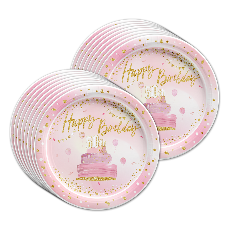 50th Birthday Pink & Gold Party Tableware Kit For 16 Guests - BirthdayGalore.com