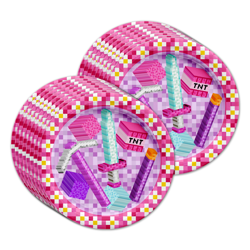 Girl Mining Pixel Birthday Party Tableware Kit For 16 Guests - BirthdayGalore.com