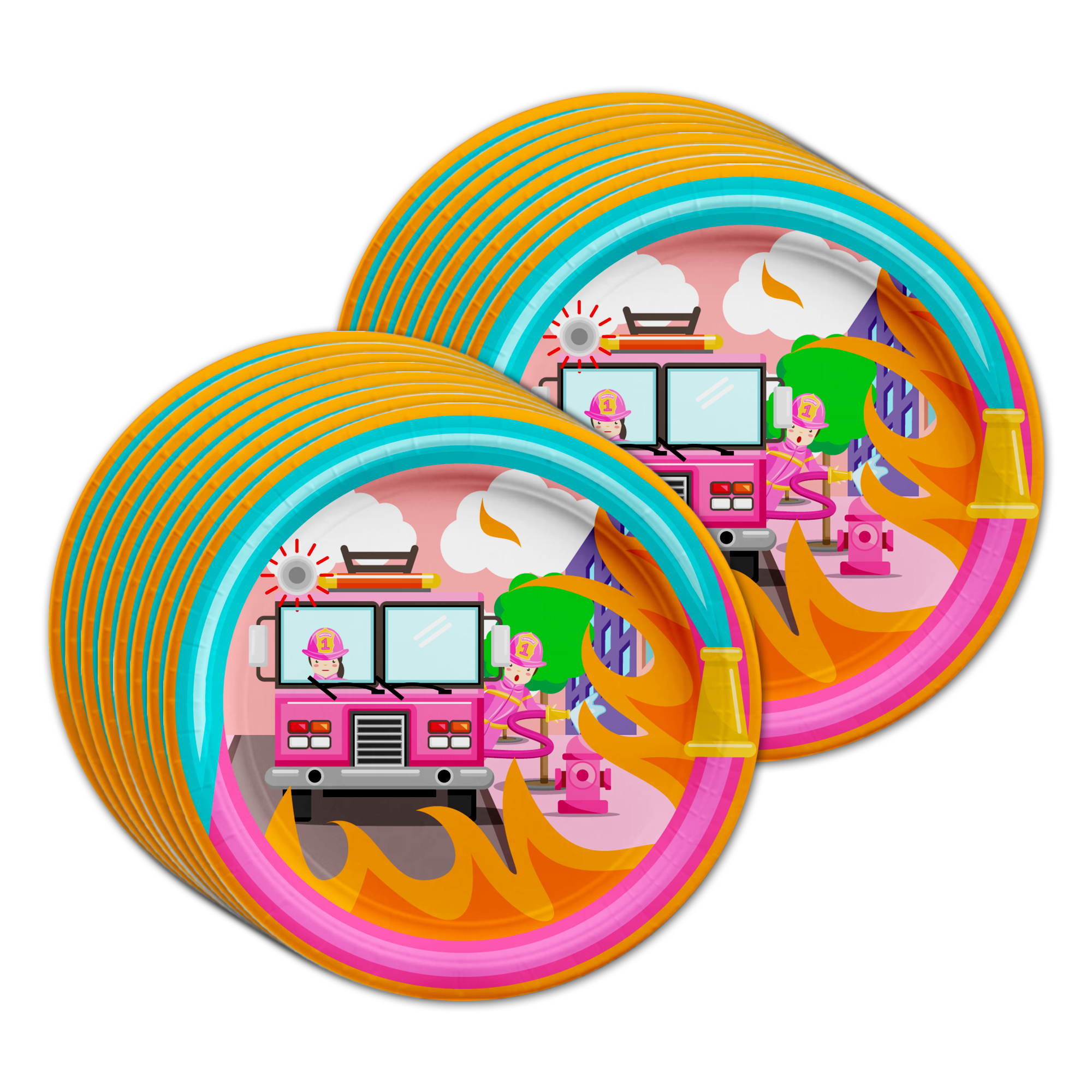 Fire Truck Girl Birthday Party Tableware Kit For 16 Guests - BirthdayGalore.com