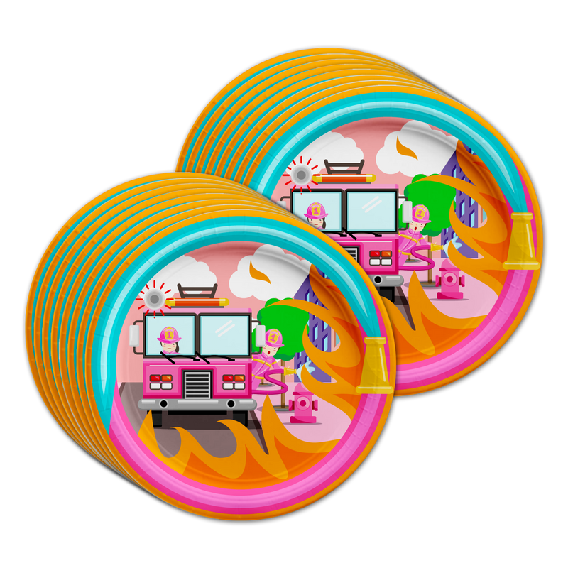 Fire Truck Girl Birthday Party Tableware Kit For 16 Guests - BirthdayGalore.com