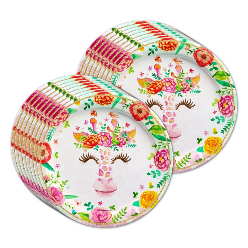 Floral Giraffe Birthday Party Tableware Kit For 16 Guests