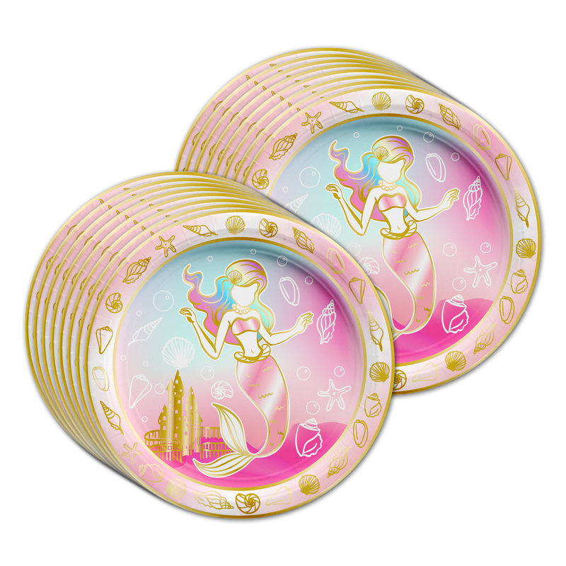 Mermaids Gold Birthday Party Tableware Kit For 16 Guests - BirthdayGalore.com