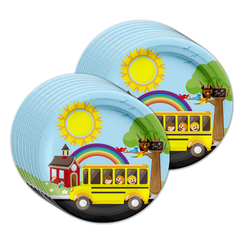 School Bus Birthday Party Tableware Kit For 16 Guests - BirthdayGalore.com