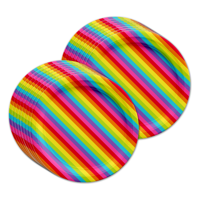 Rainbow Stripes Birthday Party Tableware Kit For 16 Guests - BirthdayGalore.com