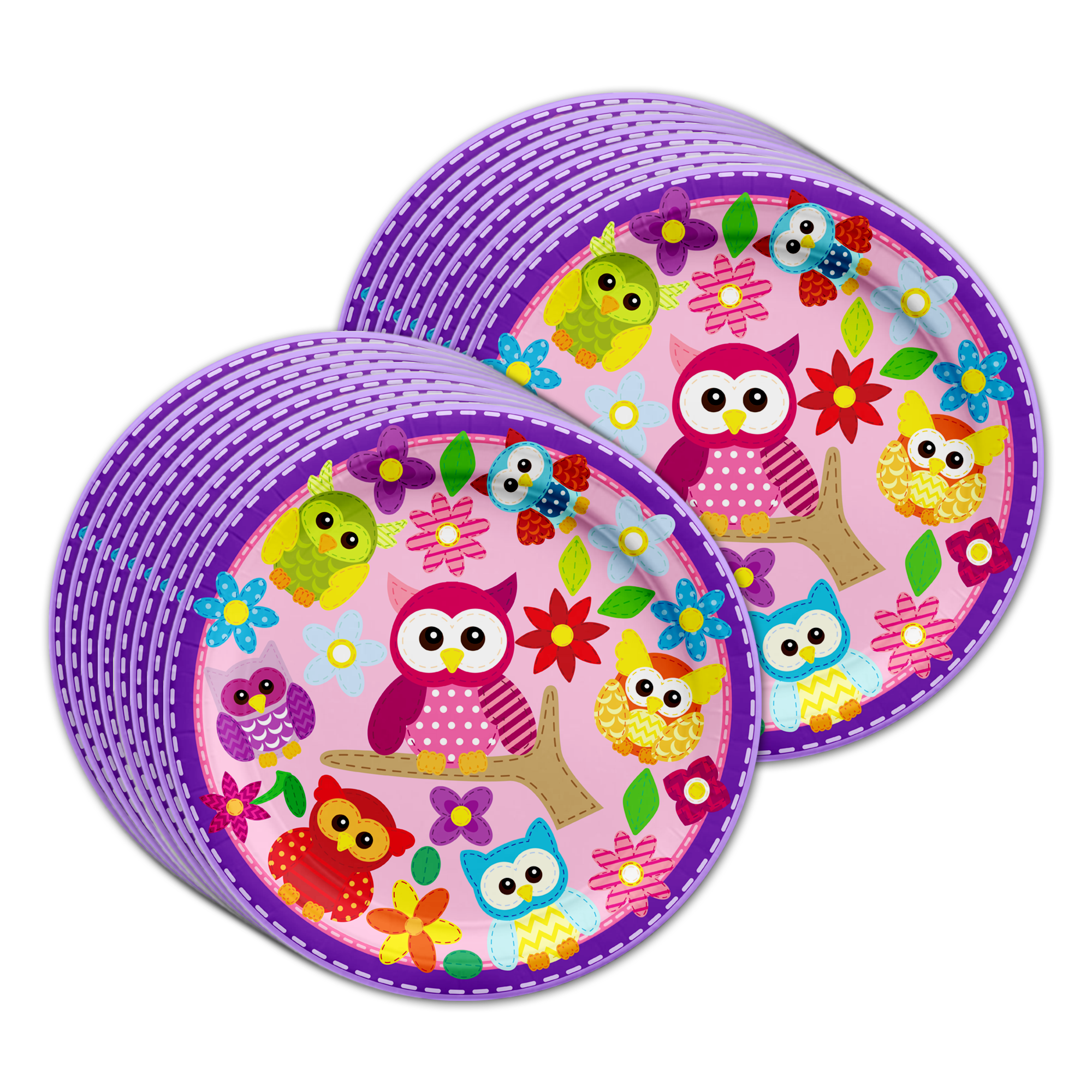 Patchwork Owl Birthday Party Tableware Kit For 16 Guests - BirthdayGalore.com