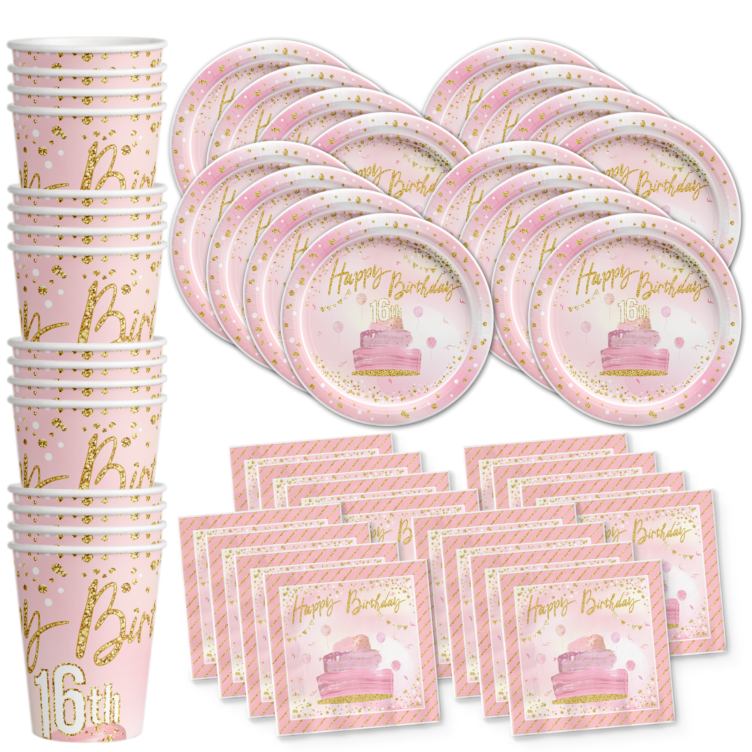 Sweet 16th Pink and Gold Birthday Party Tableware for 16 Guests - BirthdayGalore.com