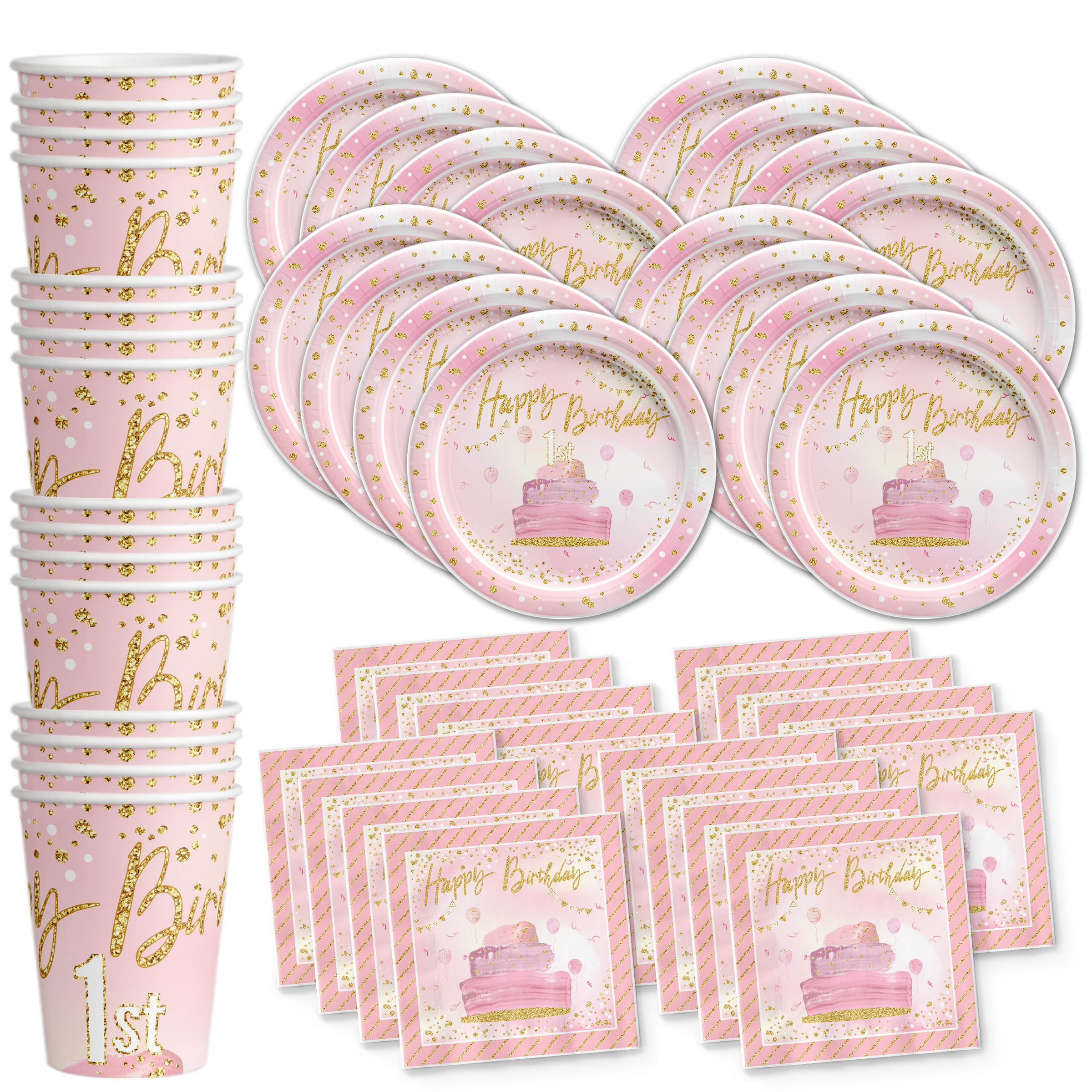 1st Birthday Pink & Gold Party Tableware Kit For 16 Guests - BirthdayGalore.com