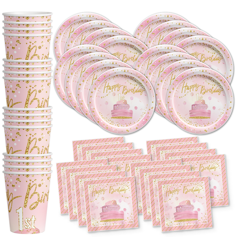 1st Birthday Pink & Gold Party Tableware Kit For 16 Guests - BirthdayGalore.com