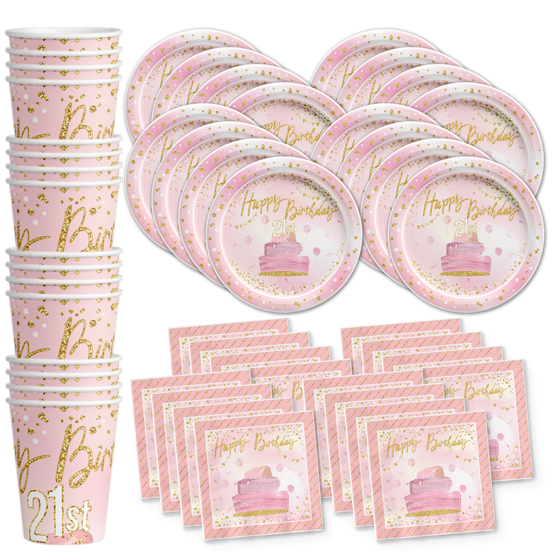 21st Birthday Pink & Gold Party Tableware Kit For 16 Guests - BirthdayGalore.com