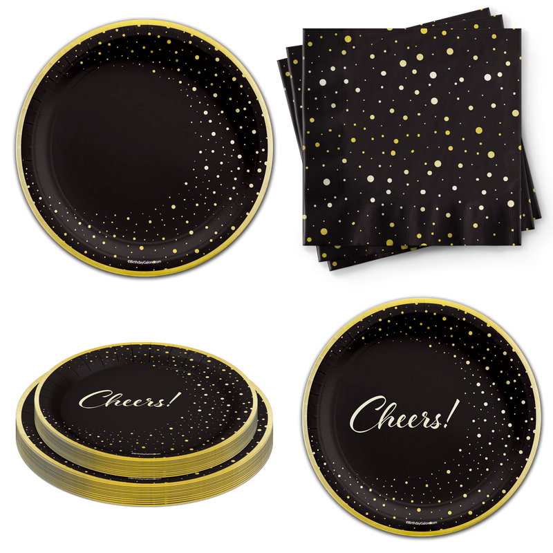 Black and Gold Cheers Tableware Kit For 24 Guests