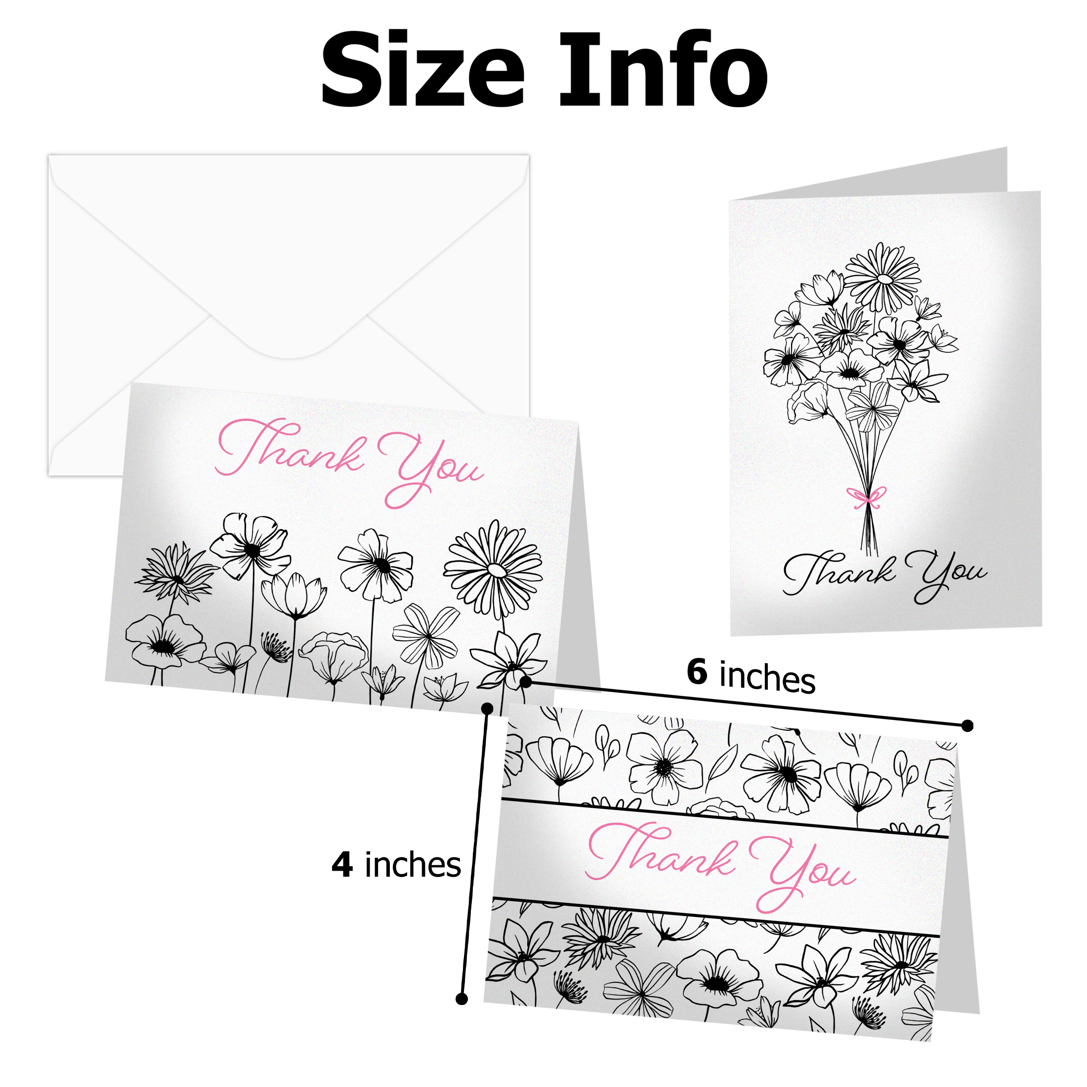 Black and White Floral Thank You Cards with Envelopes